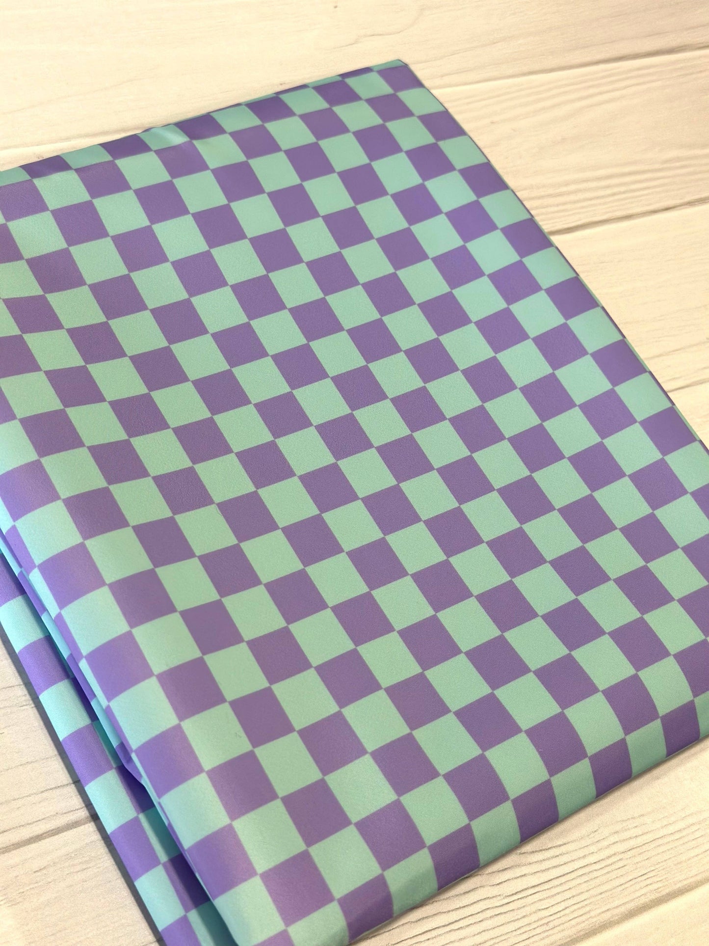 Wonderground Fabrics and Crafts - Aqua/ Lavender Check Lux Bonded Poly/Nylon 1 yd