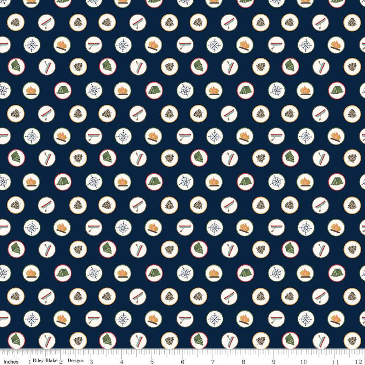 Riley Blake Love You S'more Badges Navy By the yard