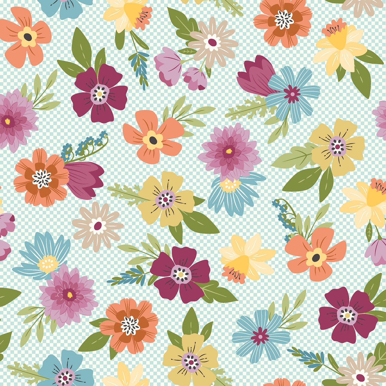 Pre-order Kimberbell Cottontail Farm Floral With Mini Check - Aqua MAS11341-Q by the 1/2 yard Oct 26