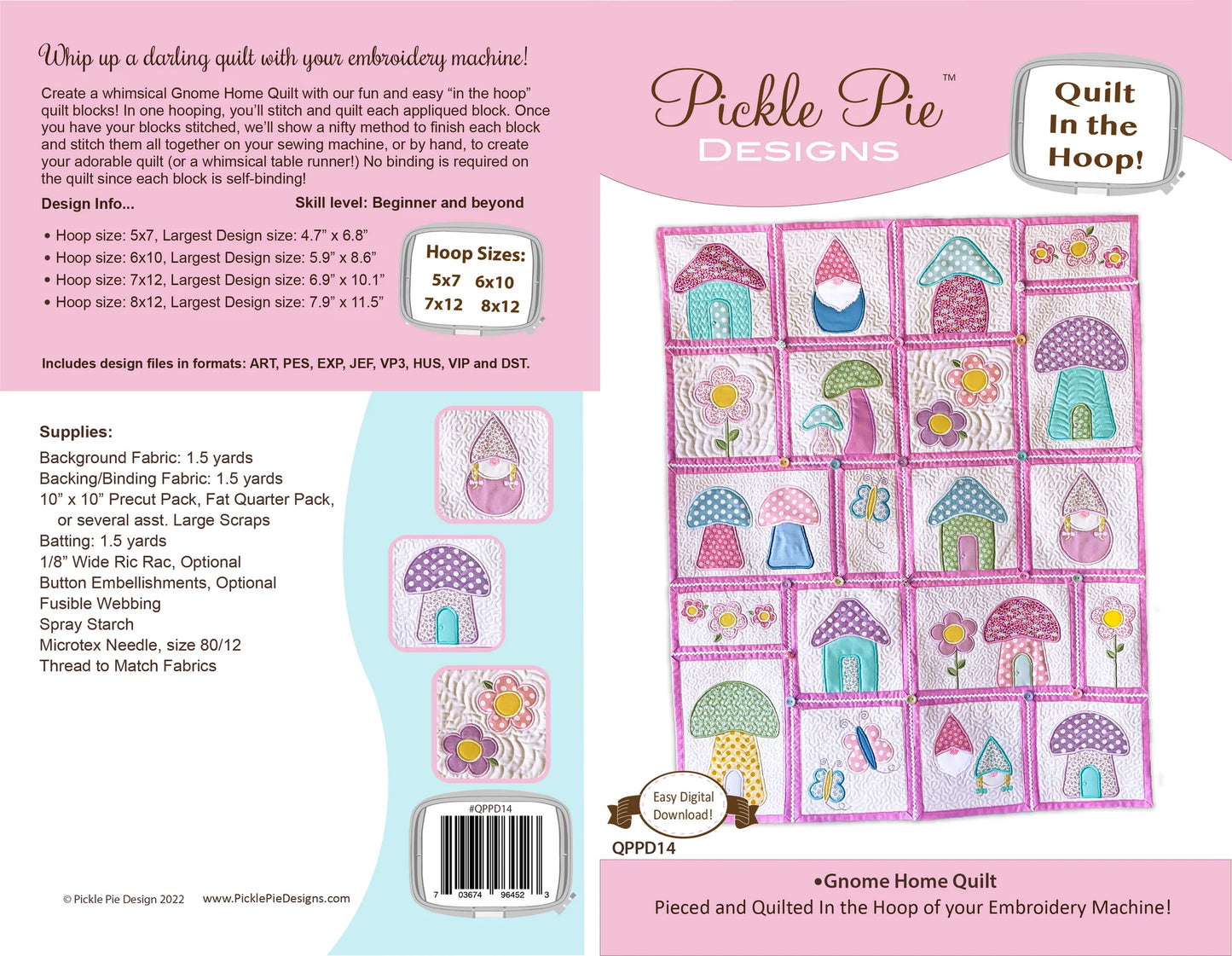 Pickle Pie Designs Gnome Home Quilt In-the-Hoop Machine Embroidery Design