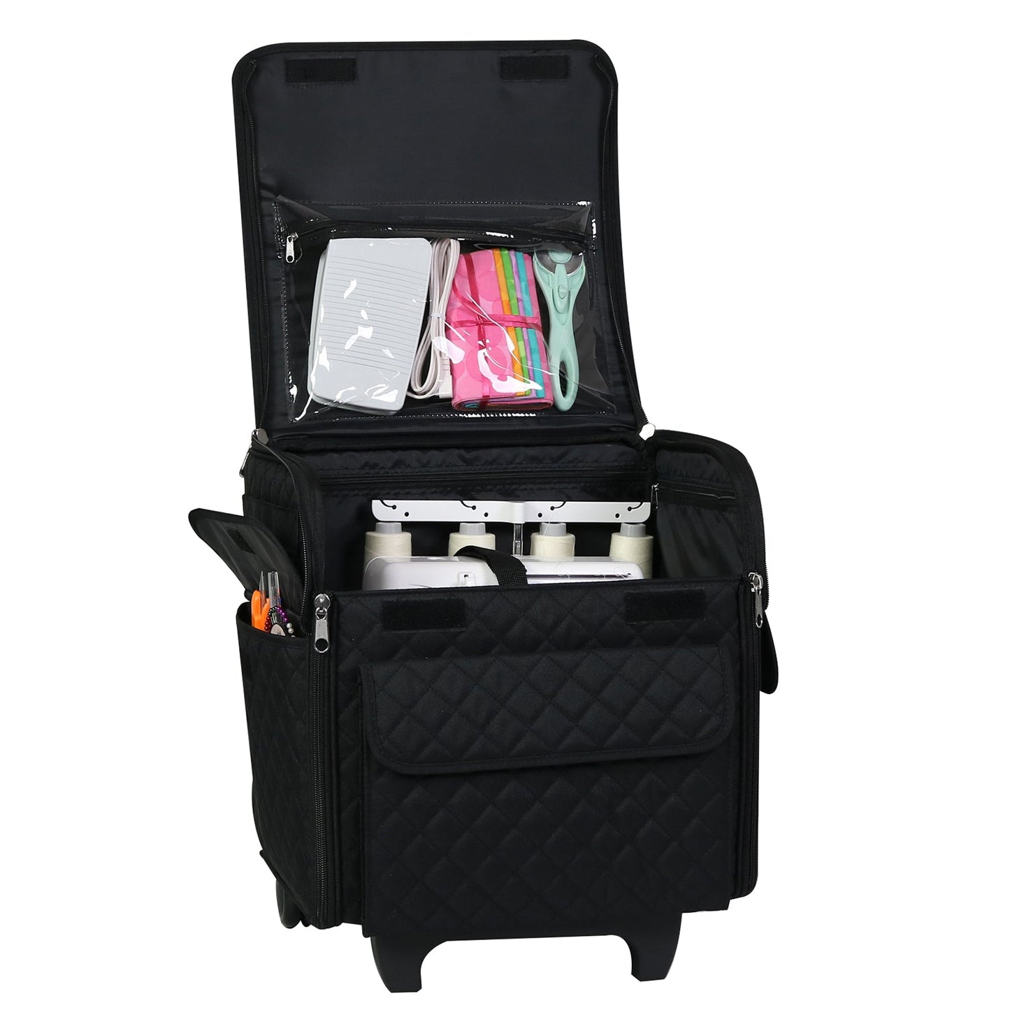 Collapsible Rolling Serger Machine Case, Black Quilted