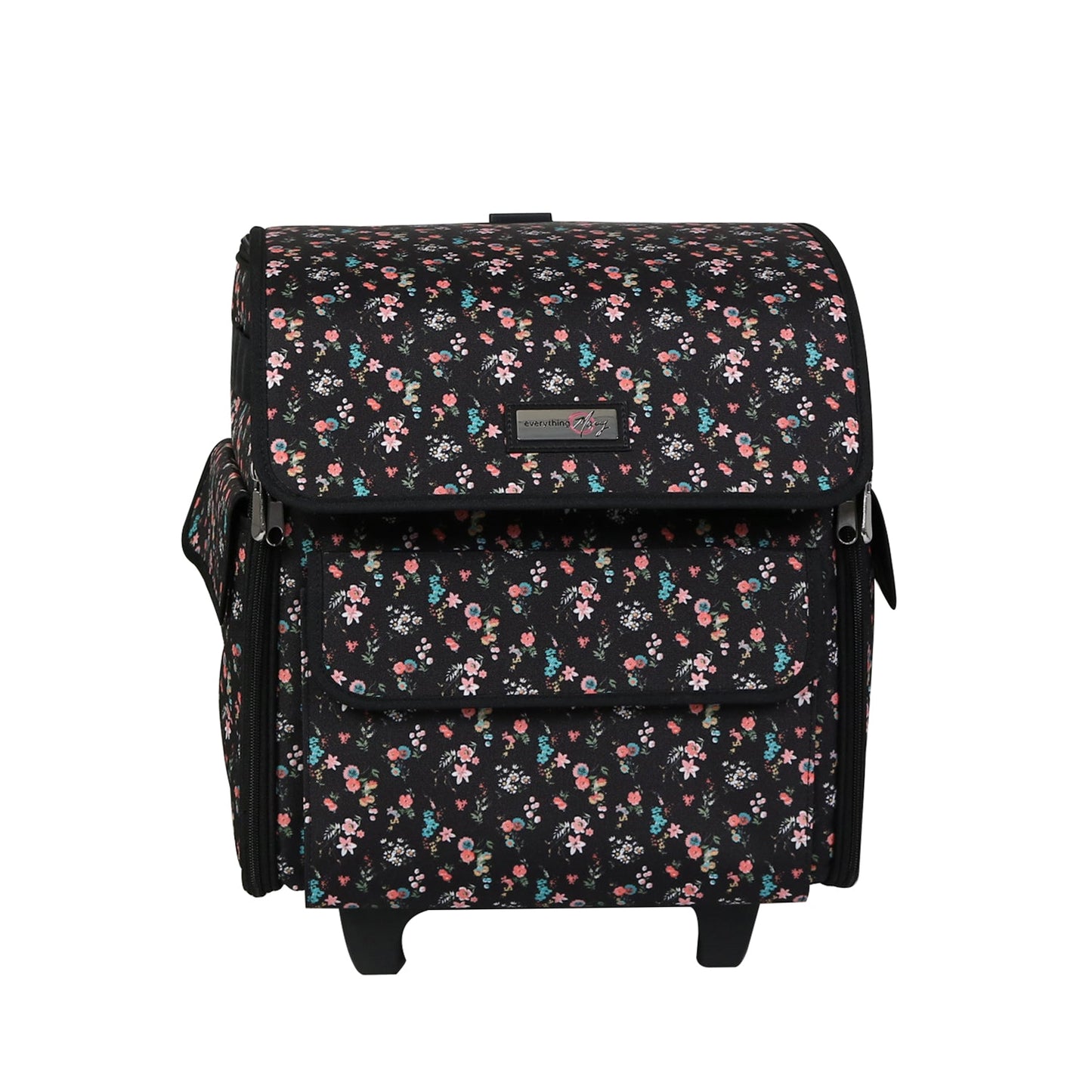 Collapsible Rolling Serger Machine Case, Black Floral