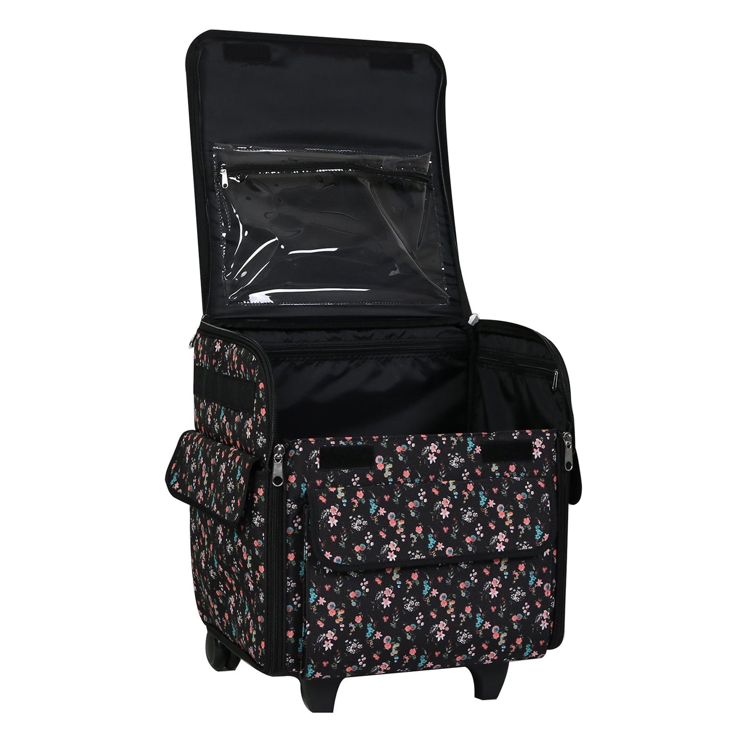 Collapsible Rolling Serger Machine Case, Black Floral