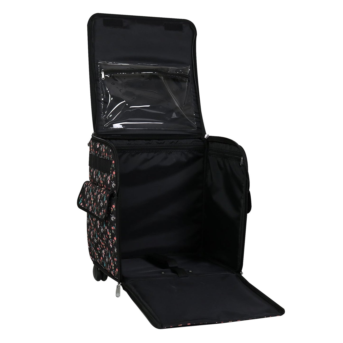 Collapsible Rolling Serger Machine Case, Black Floral