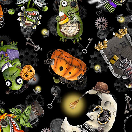 Steampunk 3 Halloween Character Toss Black by the yard