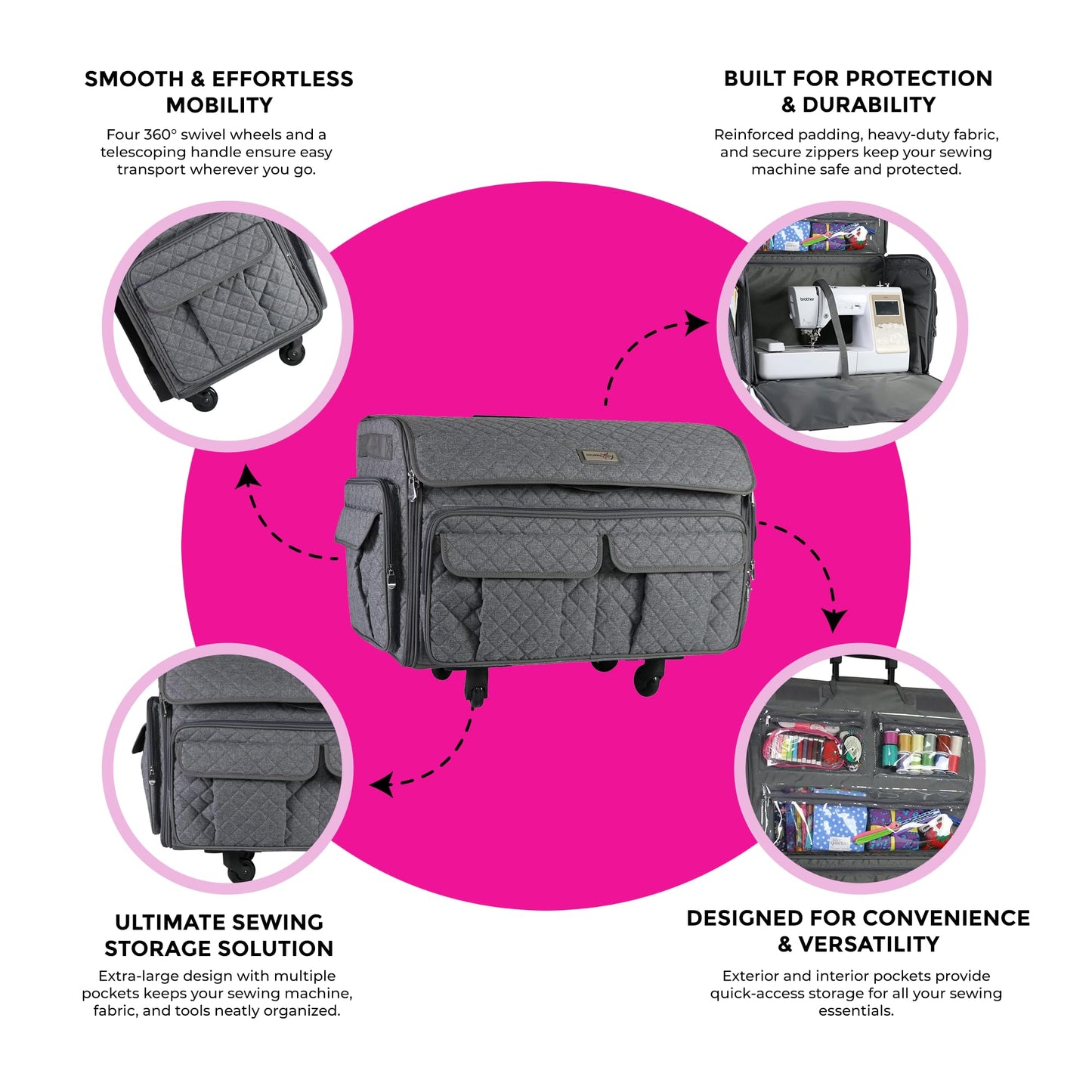 Everything Mary XXL 4 Wheel Collapsible Rolling Sewing Machine Storage Case, Heather Grey