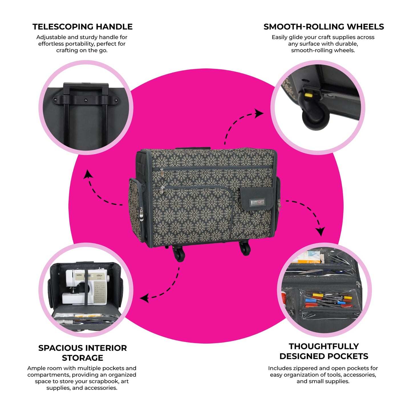 Everything Mary Flat Top XL 4 Wheel Collapsible Rolling Sewing Machine Storage Case, Tan Floral