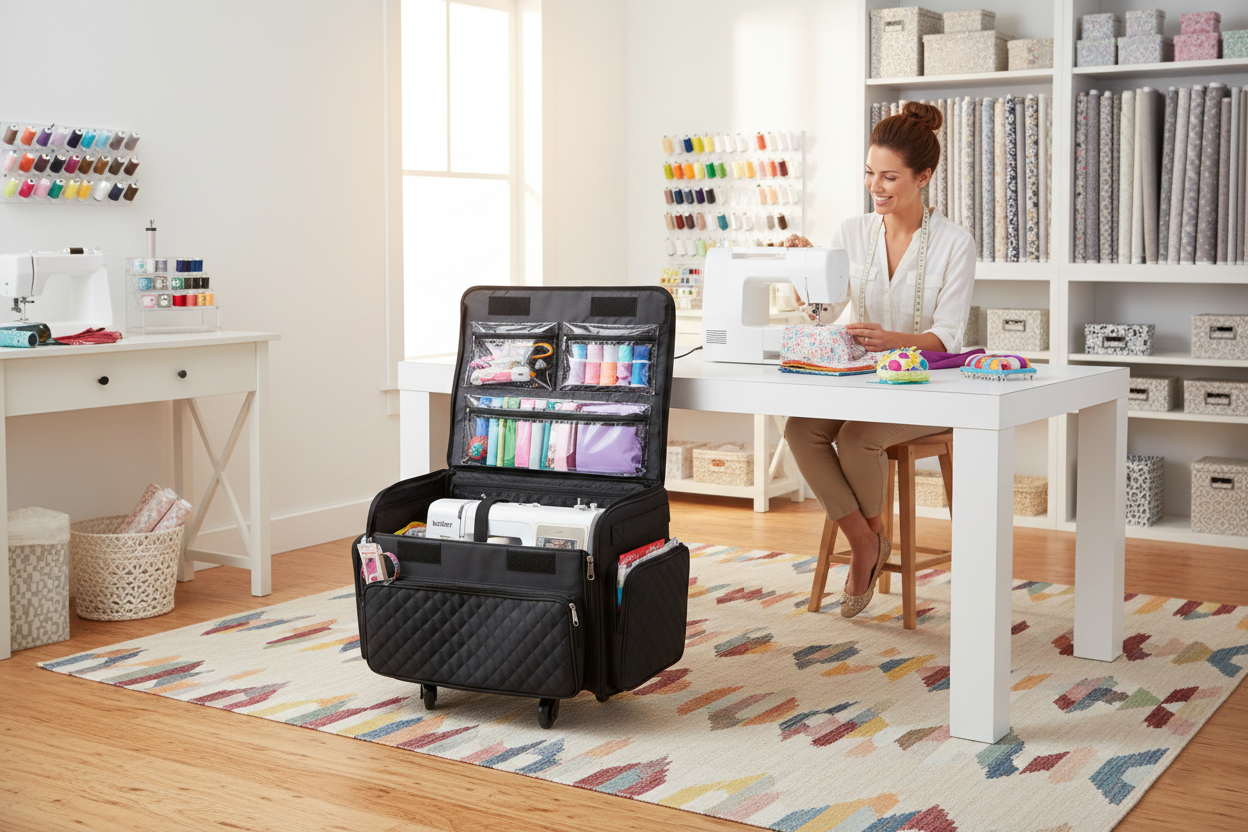 XL 4 Wheel Collapsible Deluxe Rolling Sewing Machine Storage Case, Black Quilted