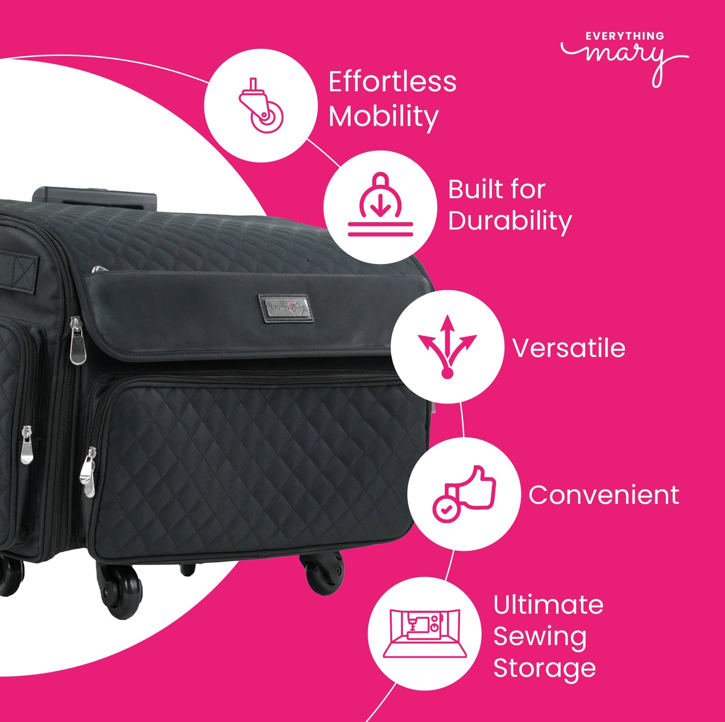 XL 4 Wheel Collapsible Deluxe Rolling Sewing Machine Storage Case, Black Quilted
