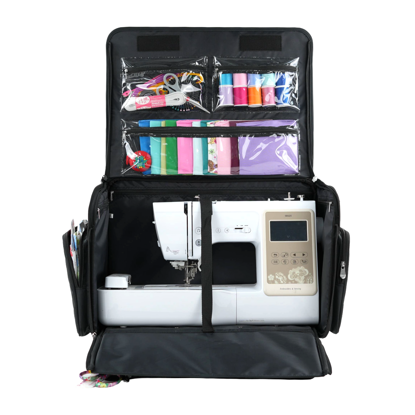 XL 4 Wheel Collapsible Deluxe Rolling Sewing Machine Storage Case, Black Quilted