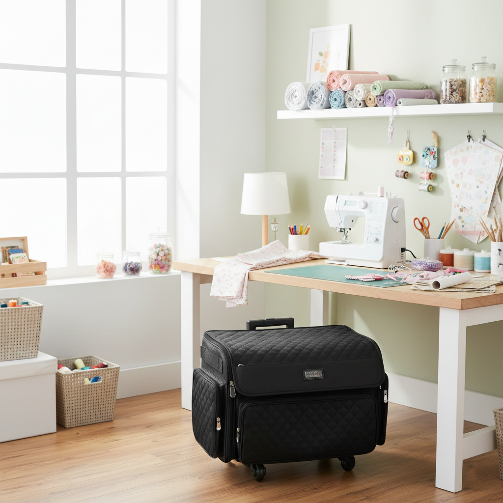 XL 4 Wheel Collapsible Deluxe Rolling Sewing Machine Storage Case, Black Quilted