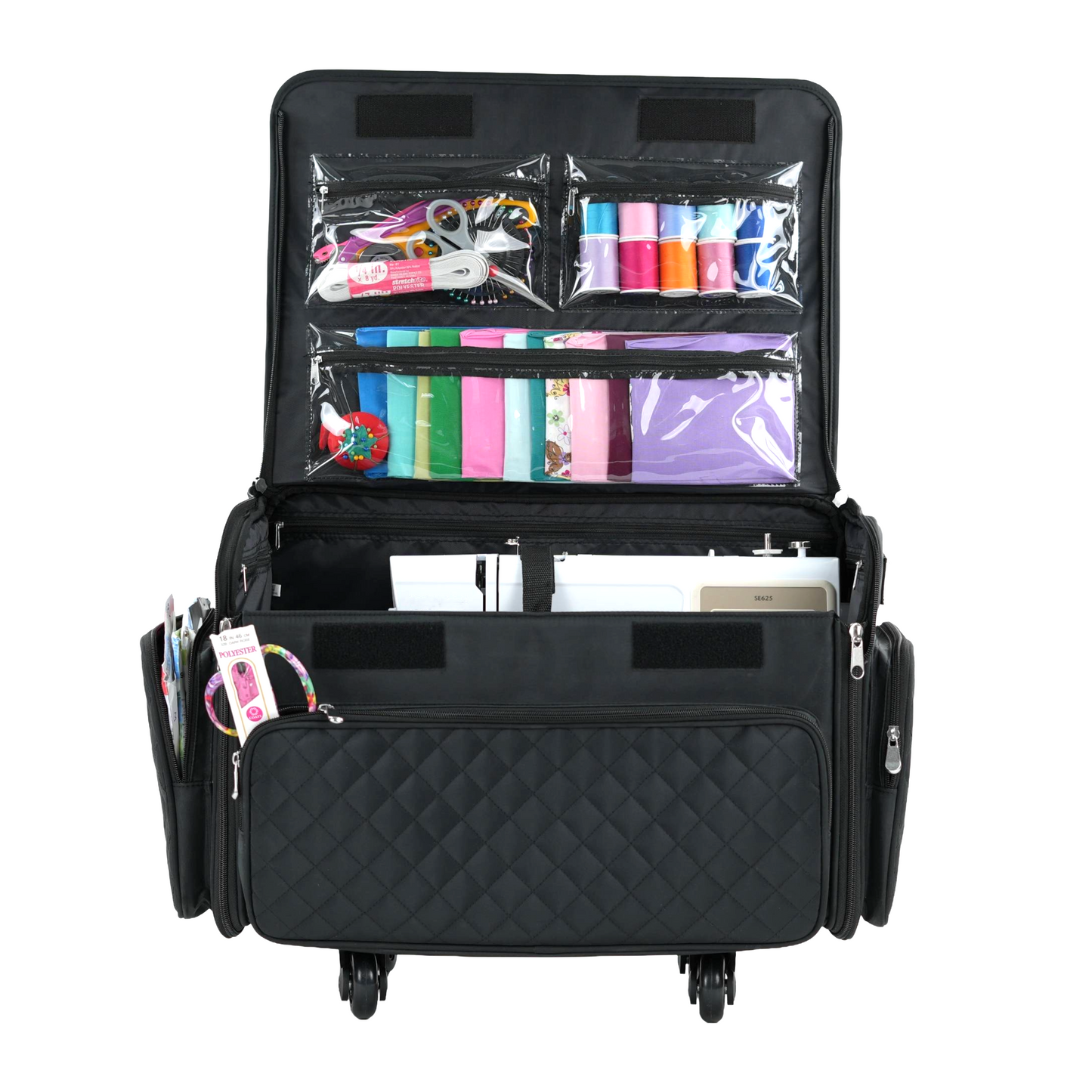 XL 4 Wheel Collapsible Deluxe Rolling Sewing Machine Storage Case, Black Quilted