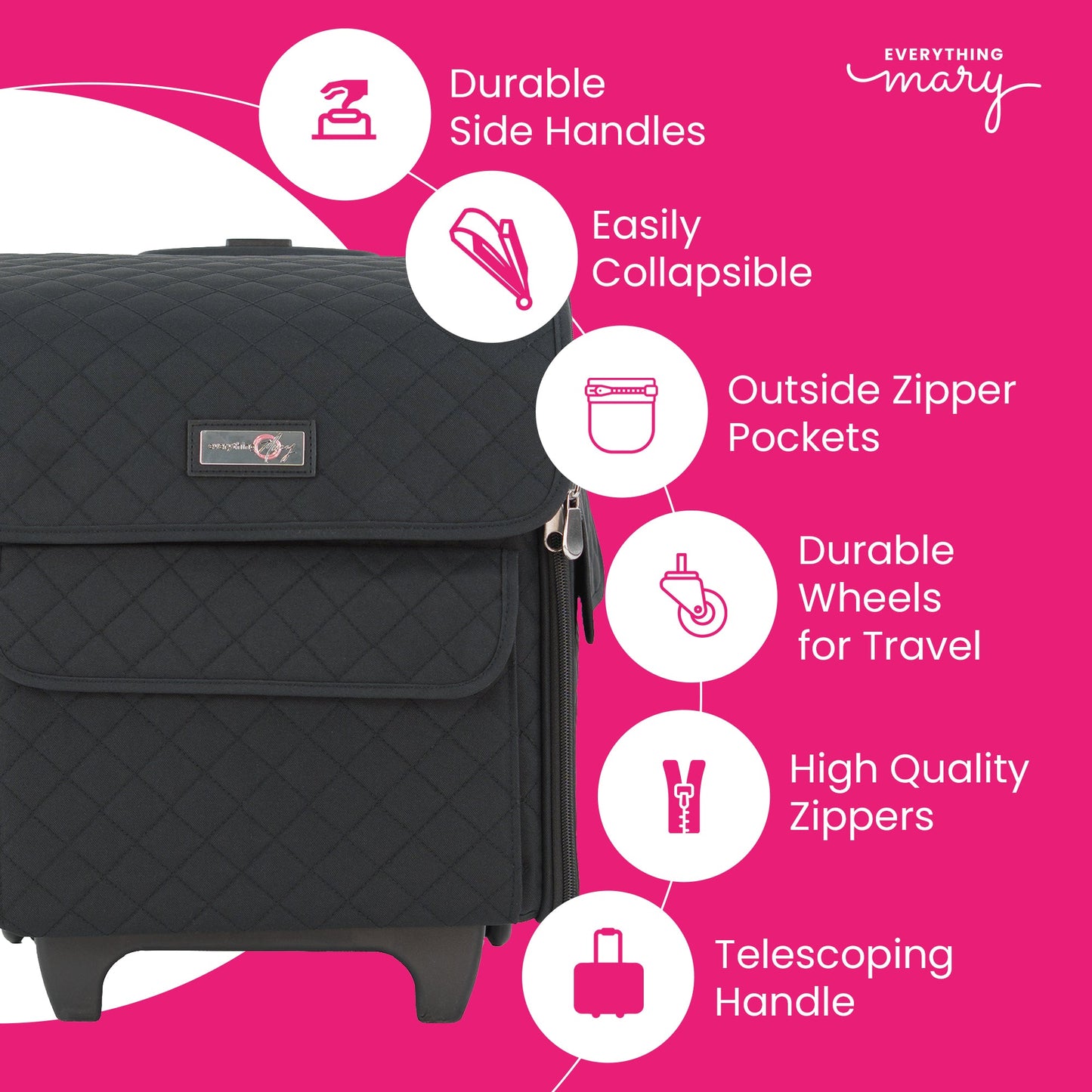 Collapsible Rolling Serger Machine Case, Black Quilted