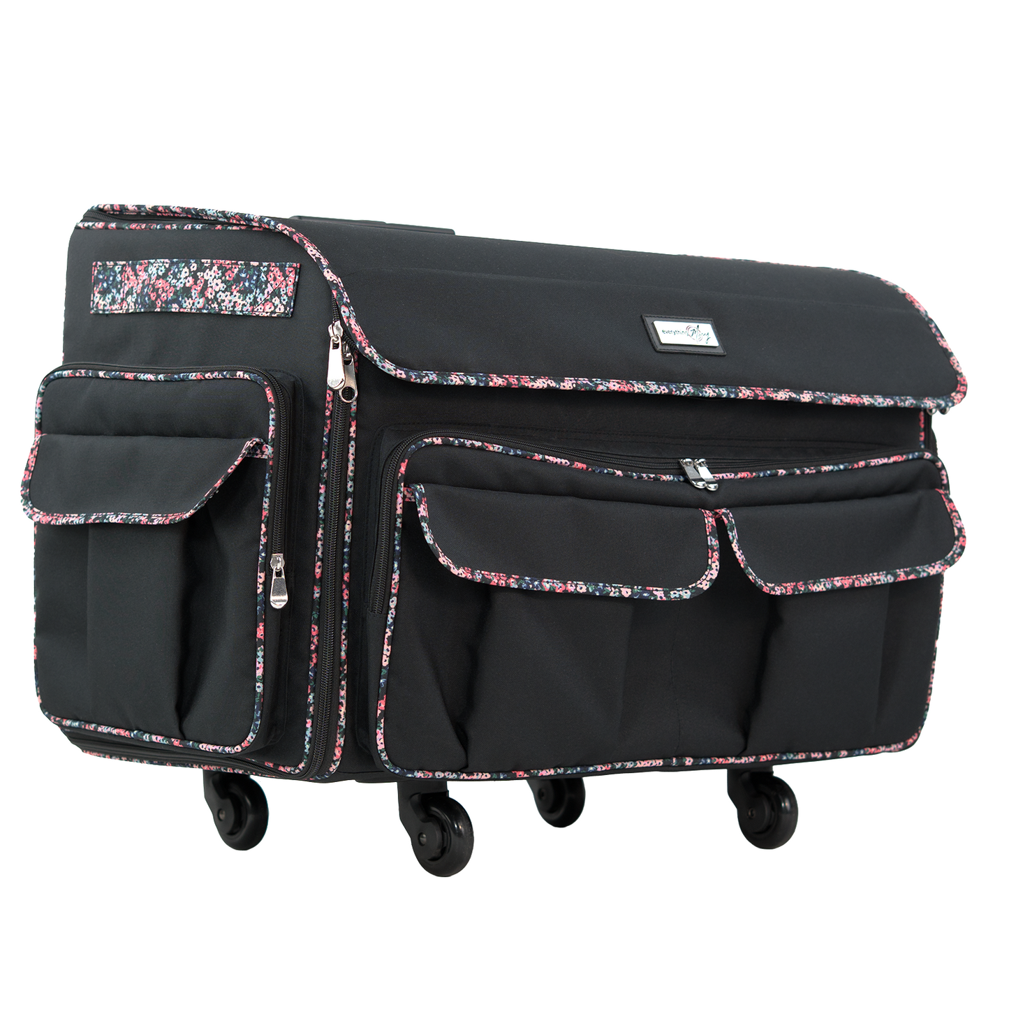 Everything Mary XXL 4 Wheel Collapsible Rolling Sewing Machine Storage Case, Black Floral