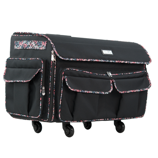 Everything Mary XXL 4 Wheel Collapsible Rolling Sewing Machine Storage Case, Black Floral