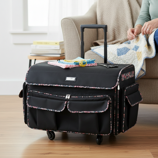 Everything Mary XXL 4 Wheel Collapsible Rolling Sewing Machine Storage Case, Black Floral