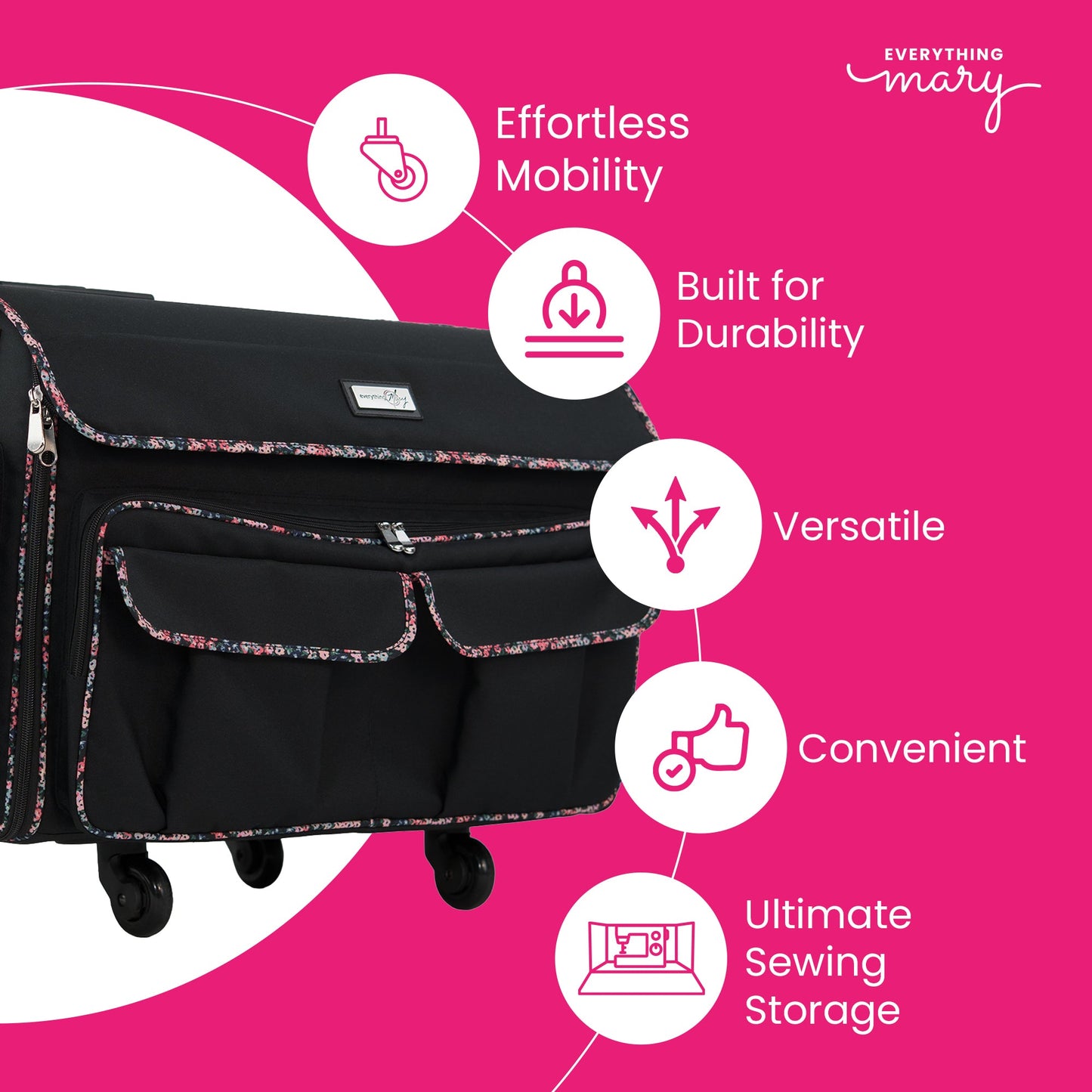 Everything Mary XXL 4 Wheel Collapsible Rolling Sewing Machine Storage Case, Black Floral
