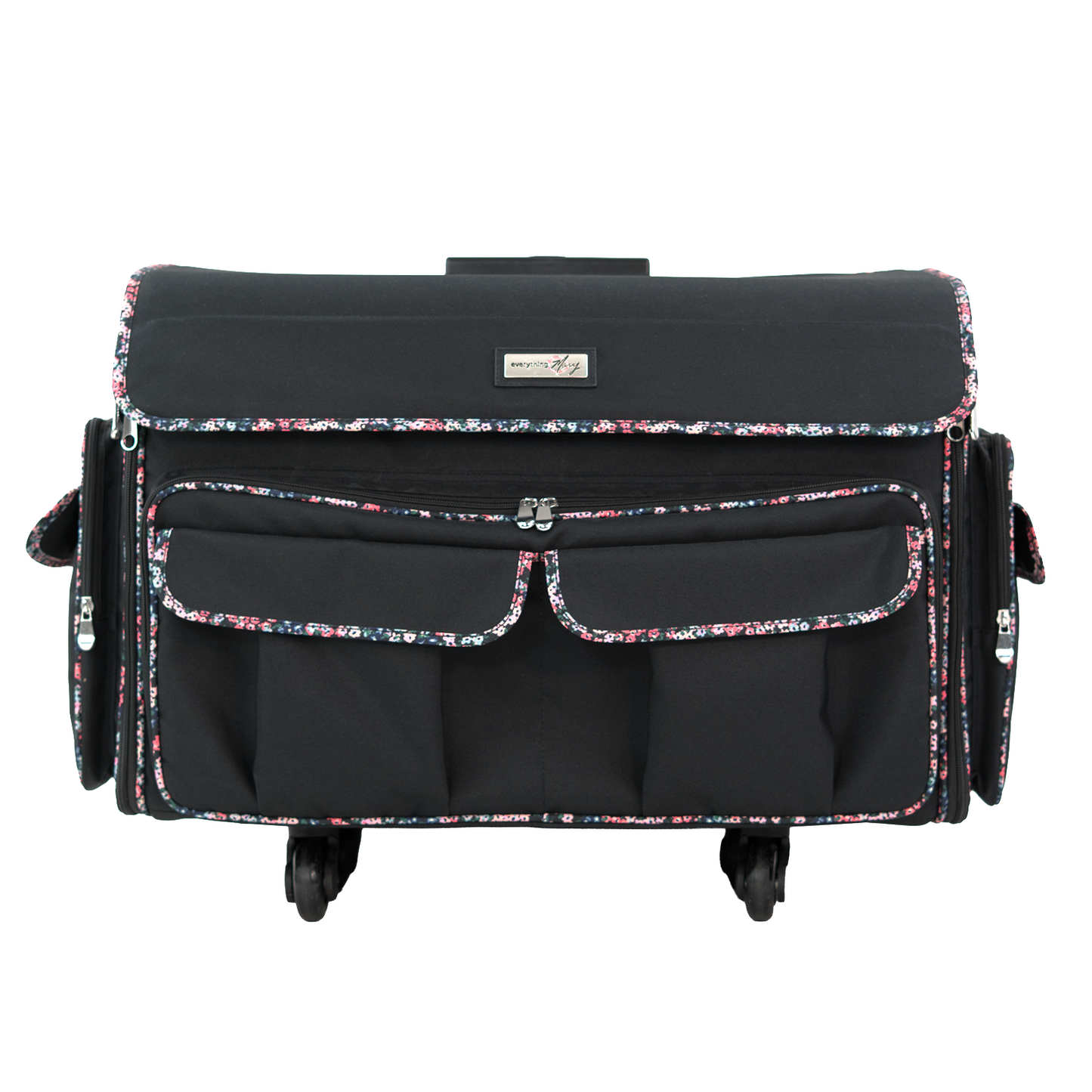 Everything Mary XXL 4 Wheel Collapsible Rolling Sewing Machine Storage Case, Black Floral