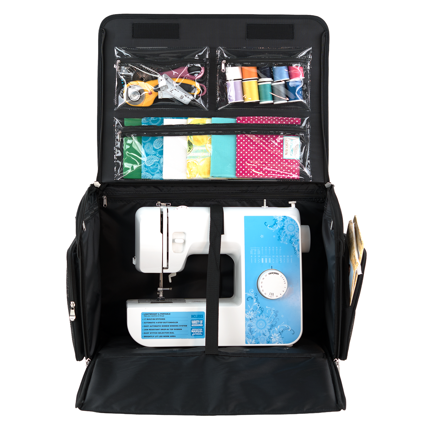 Everything Mary XL 4 Wheel Collapsible Rolling Sewing Machine Storage Case, Tan & Grey Floral