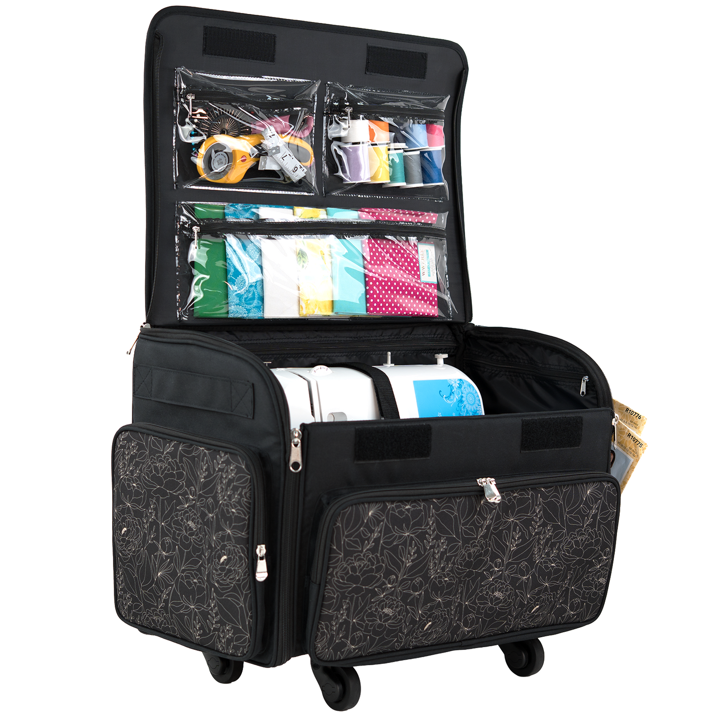 Everything Mary XL 4 Wheel Collapsible Rolling Sewing Machine Storage Case, Tan & Grey Floral