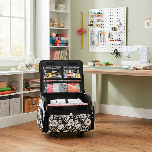 Everything Mary XL 4 Wheel Collapsible Rolling Sewing Machine Storage Case, Artistic Floral