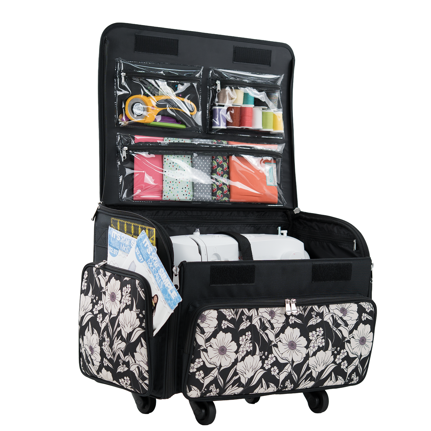 Everything Mary XL 4 Wheel Collapsible Rolling Sewing Machine Storage Case, Artistic Floral