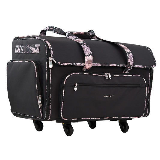 Everything Mary XXL 4 Wheel Collapsible Rolling Sewing Machine Storage Case, Black & Floral Trim