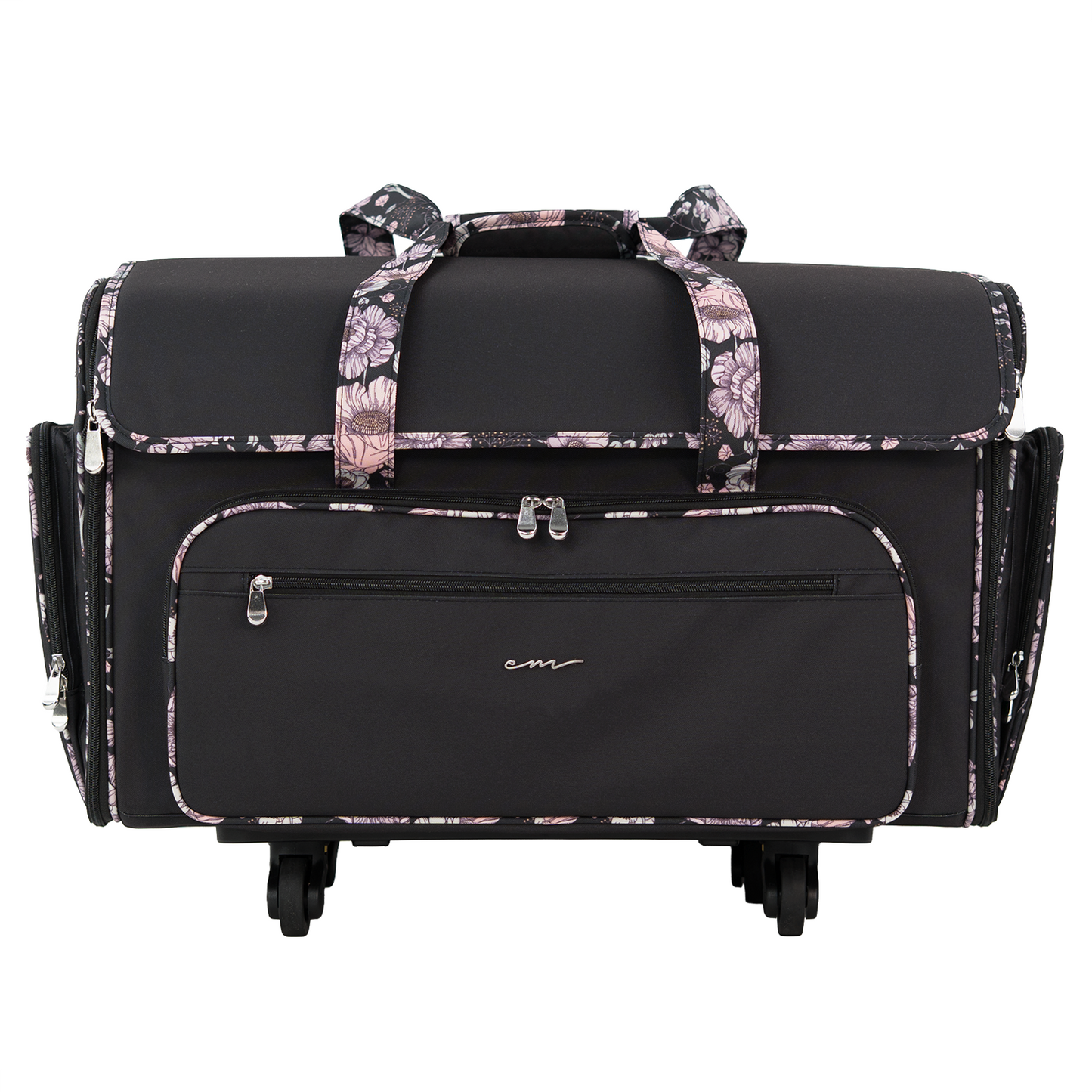 Everything Mary XXL 4 Wheel Collapsible Rolling Sewing Machine Storage Case, Black & Floral Trim