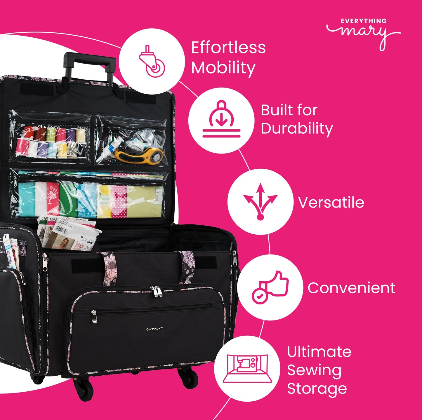 Everything Mary XXL 4 Wheel Collapsible Rolling Sewing Machine Storage Case, Black & Floral Trim