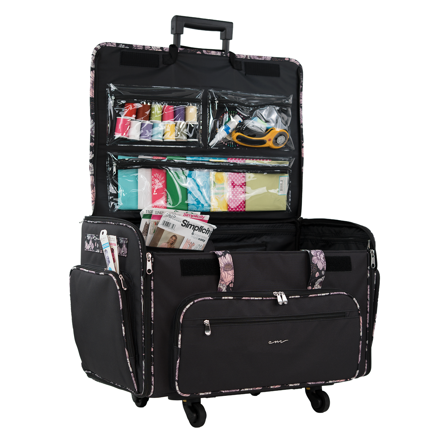 Everything Mary XXL 4 Wheel Collapsible Rolling Sewing Machine Storage Case, Black & Floral Trim