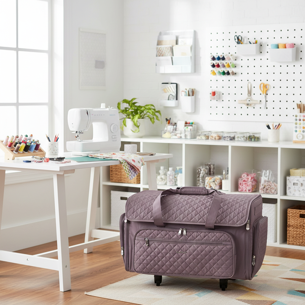 Everything Mary XXL 4 Wheel Collapsible Rolling Sewing Machine Storage Case, Purple Quilted