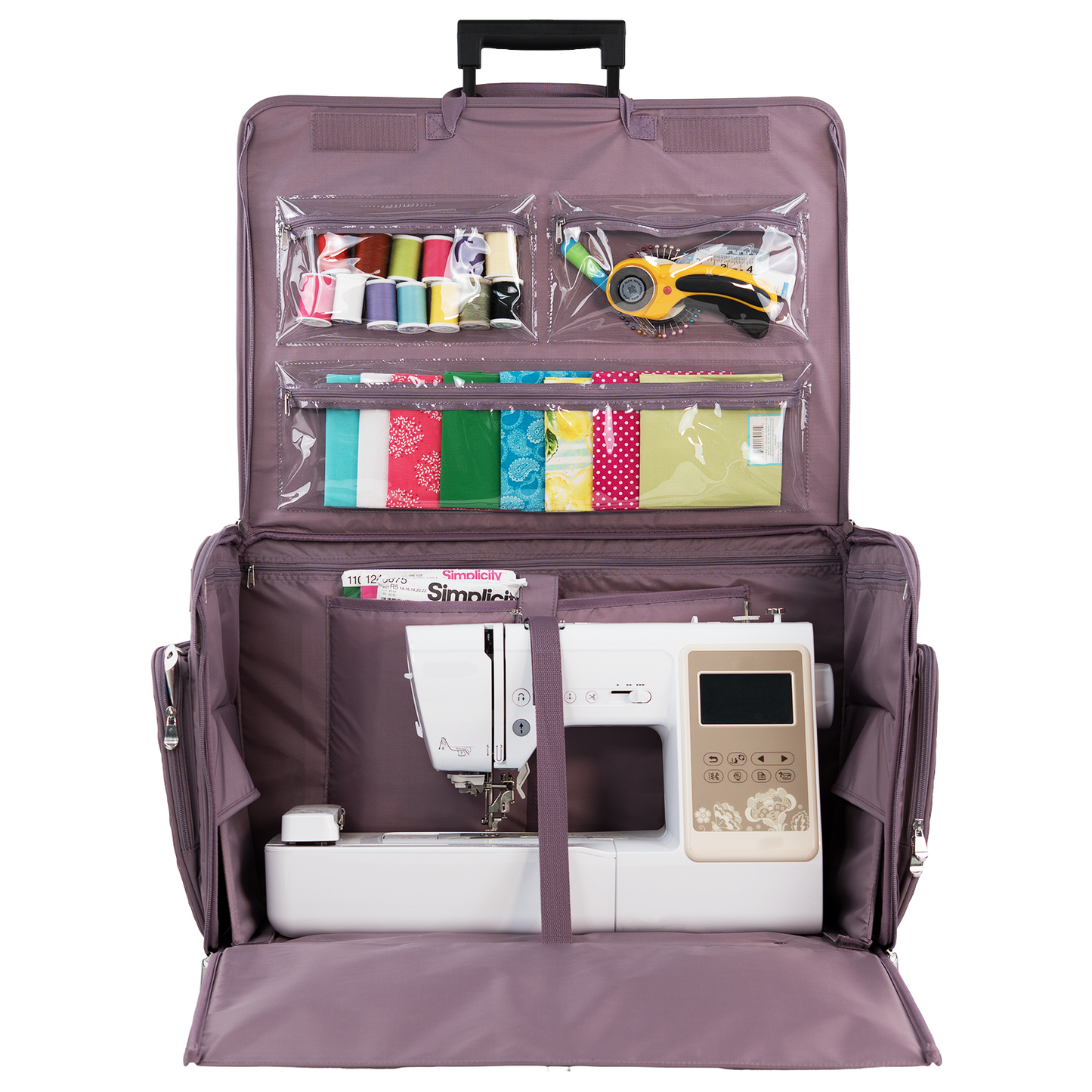 Everything Mary XXL 4 Wheel Collapsible Rolling Sewing Machine Storage Case, Purple Quilted