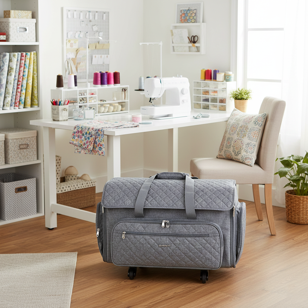 Everything Mary XXL 4 Wheel Collapsible Rolling Sewing Machine Storage Case, Grey Quilted