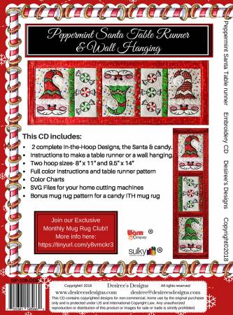 Desiree's Designs Peppermint Santa Table Runner and Wall Hanging Embroidery CD # GP-108-DDE