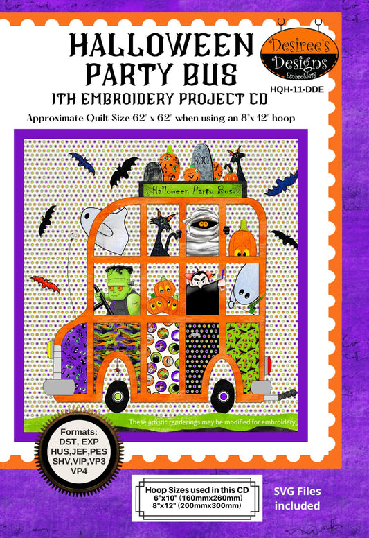 Halloween Party Bus ITH Embroidery Project CD
