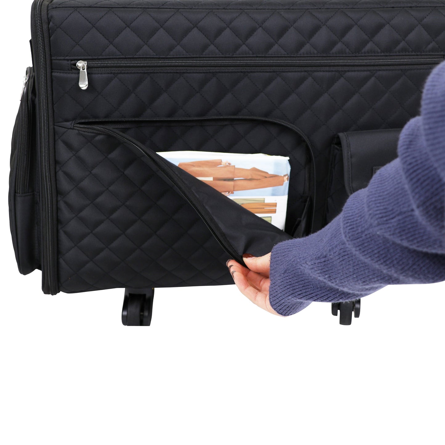 Everything Mary XL 4 Wheel Collapsible Rolling Sewing Machine Storage Case, Black Quilted