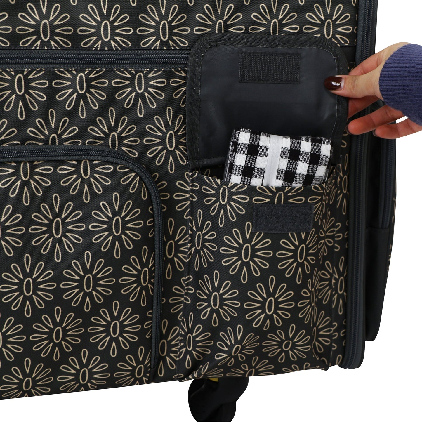 Everything Mary Flat Top XL 4 Wheel Collapsible Rolling Sewing Machine Storage Case, Tan Floral