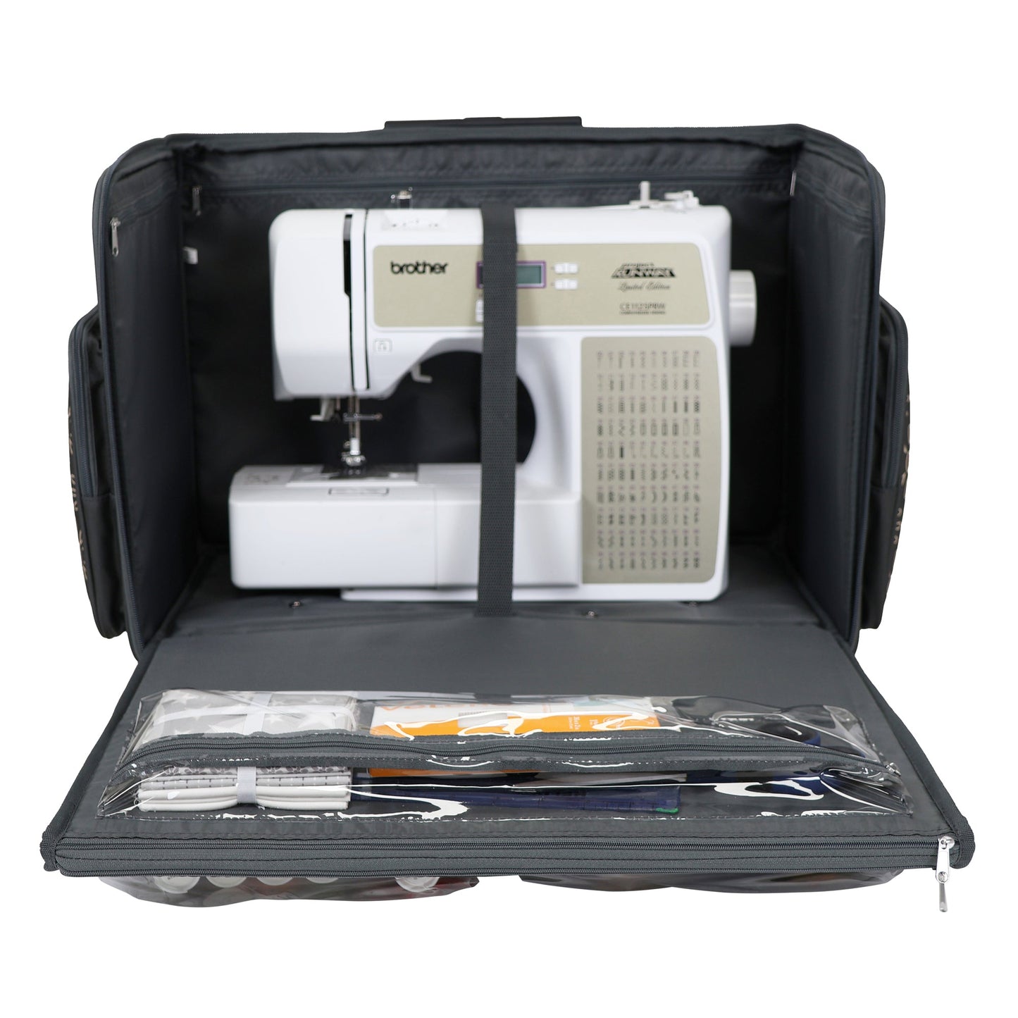 Everything Mary Flat Top XL 4 Wheel Collapsible Rolling Sewing Machine Storage Case, Tan Floral