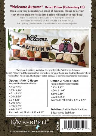 Kimberbell Welcome Autumn - Bench Pillow (Machine Embroidery CD) # KD526