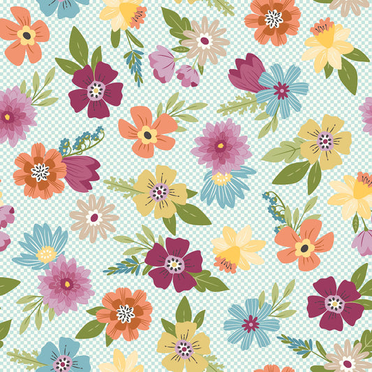 Pre-order Kimberbell Cottontail Farm Floral With Mini Check - Aqua MAS11341-Q by the 1/2 yard Oct 26